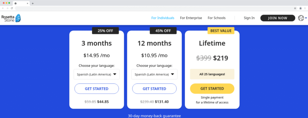rosetta stone pricing for individuals